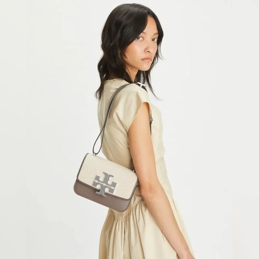 NWOT Tory Burch Eleanor Small Canvas Convertible Shoulder Bag Clam Shell Taupe